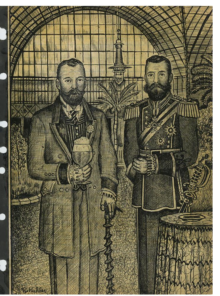 Renaldo Kuhler - "Nikolai Romanovski & Georg Nicholai de Rochelle at Crystal Gardens" - Black ink on notebook paper, 11 inches x 8-1/2 inches, 1951, signed