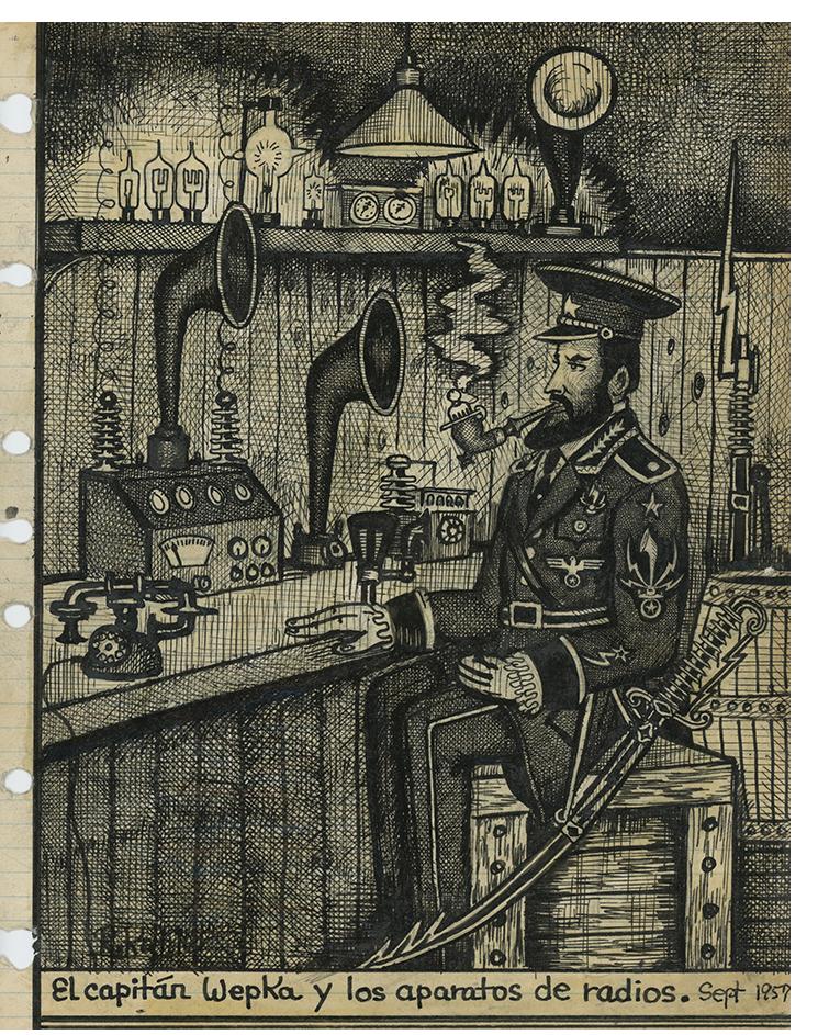 Renaldo Kuhler - "El Capitán Josef Wepka broadcasting from Brümaire's pirate radio station" - Black ink on notebook paper, 11 inches x 8-1/2 inches, 1957, signed