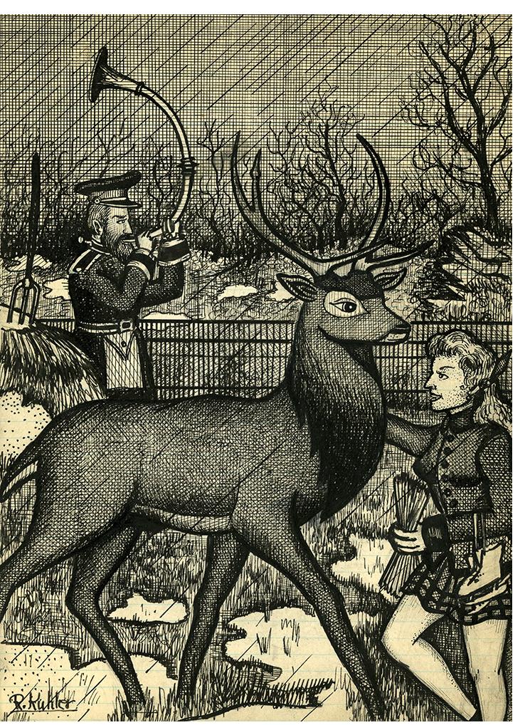 Renaldo Kuhler - "Janet Lingart feeding a deer at the zoo" - Black ink on notebook paper, 11 inches x 8 inches, 1958, signed, text on reverse