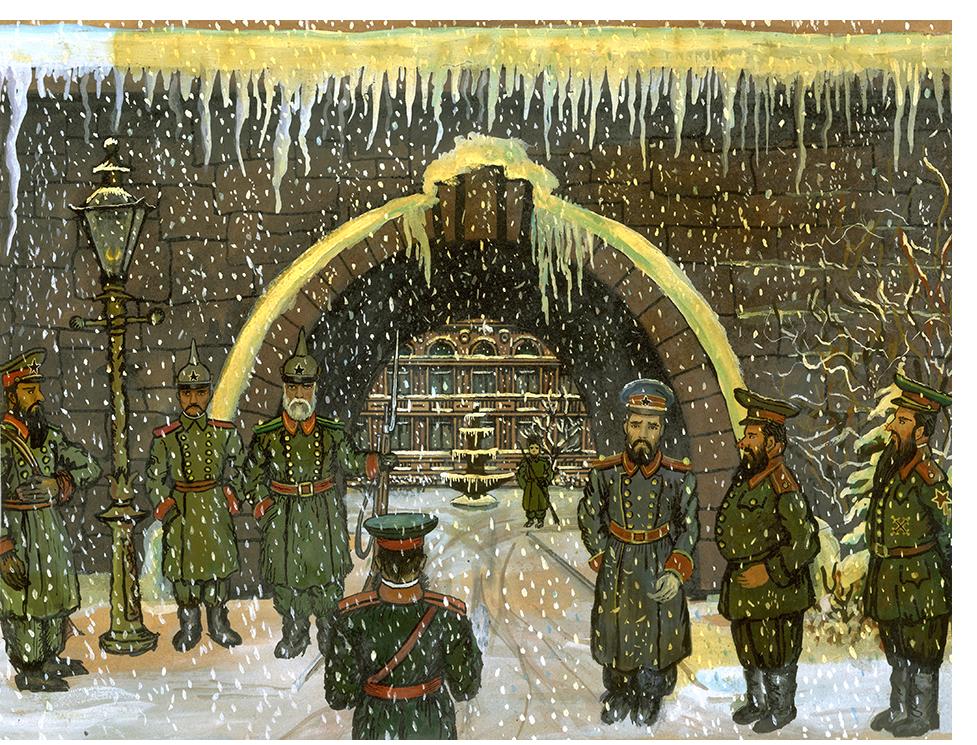 Renaldo Kuhler - "Guarding the Winter Palace gates during march following revolution" - Ink, gouache, acrylic on sketch paper, 11 inches x 15 inches, 1956