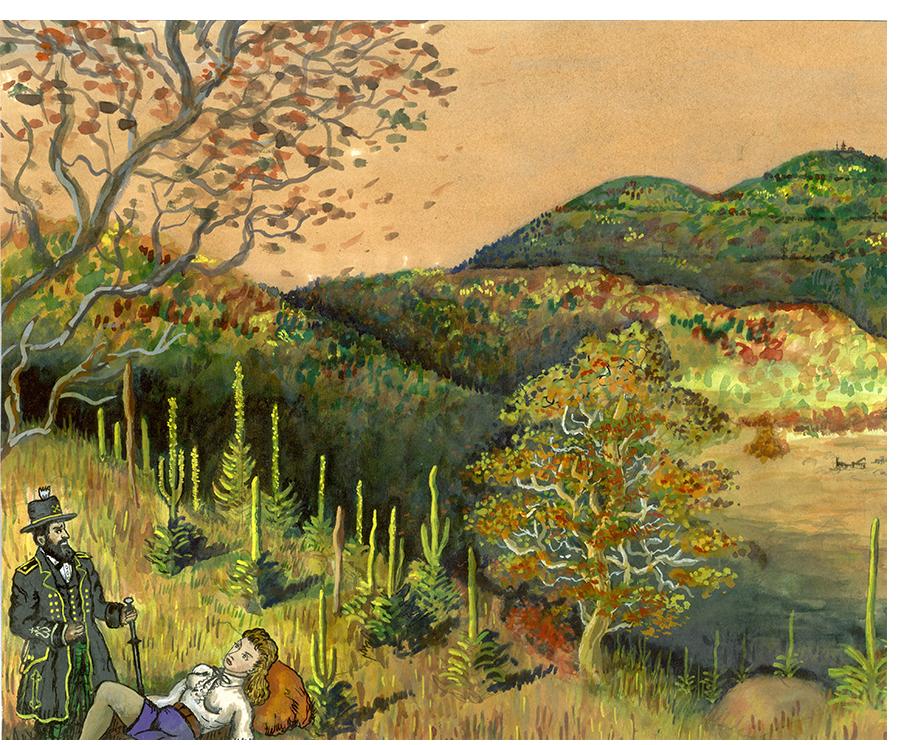 Renaldo Kuhler - "Andre Jaroslaviel & girlfriend having picnic overlooking Jaroslaviel farm & orchard" - Ink, gouache, watercolor, acrylic on sketch paper, 11 inches x 13-3/4 inches, 1956