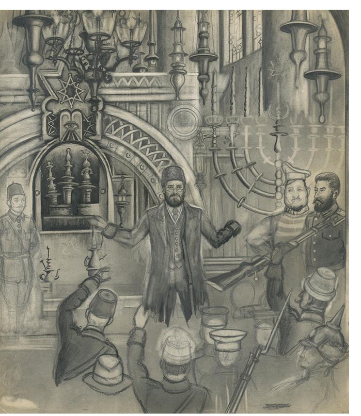 Renaldo Khuler - "Kahn addressing Felsenbad factory workers in St. Joseph's Cathedral - Josip Wepka & Ajax Gombardo observing" - Pencil on heavy sketch paper, 13-1/2 inches x 11-1/4 inches, 1960s
