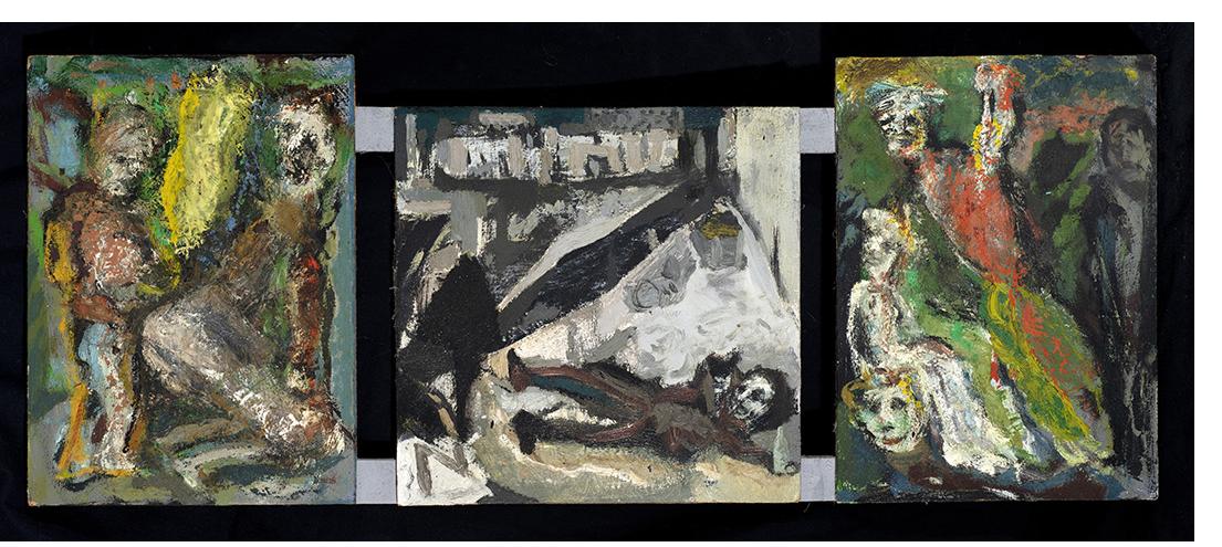 Peter Darach - Theatre. Triptych. 1988. Oil on board. 24 x 80 cms.