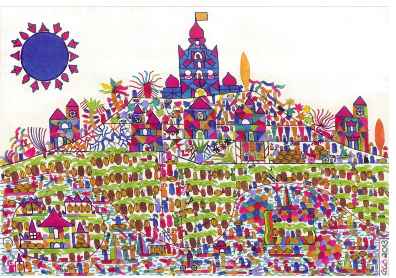 Adib Fattal - 618 "A Village with Bananas" - 30cm x 59cm - ink on paper - 2013