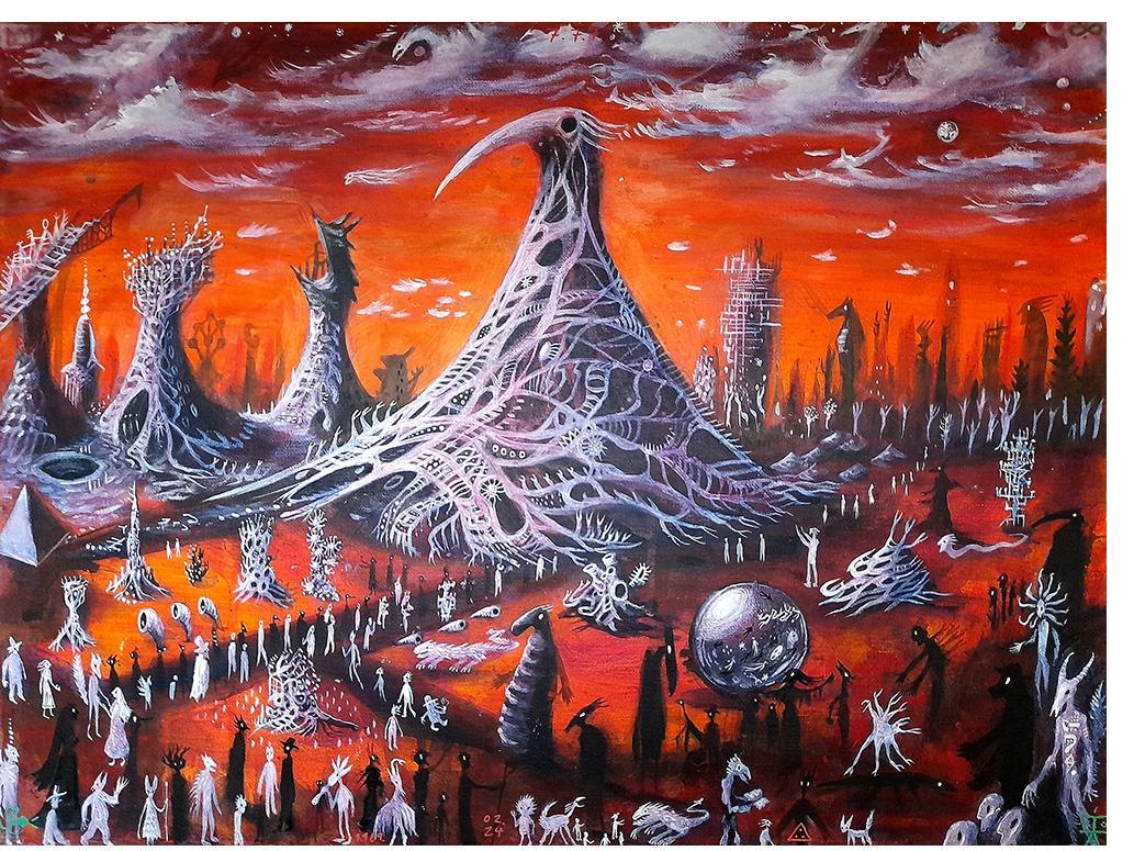 Drood Fenrother - Gathering at the Ancient Tower of Nekhbet  (Acrylic on canvas 18" - 24")
