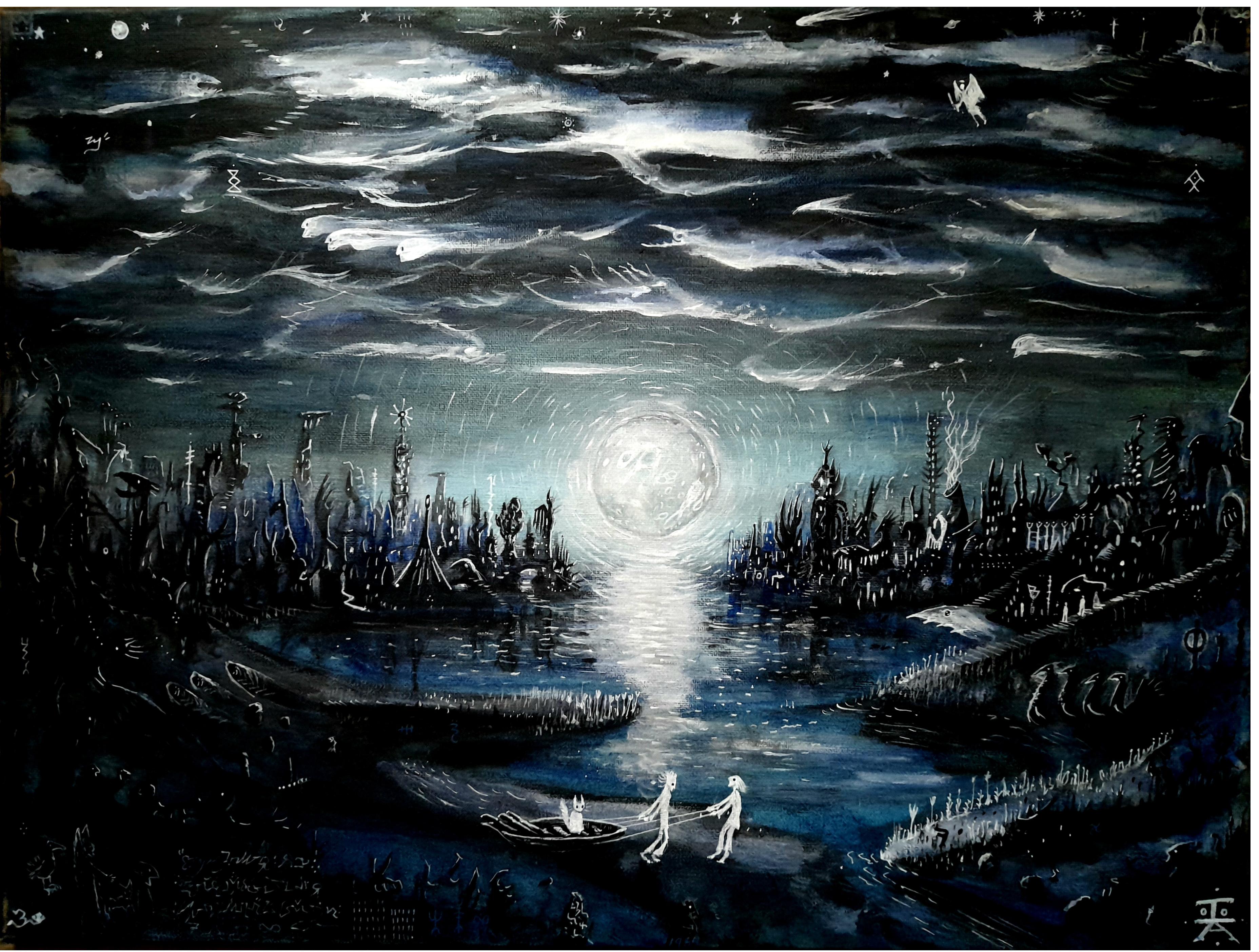 Drood Fenrother - Luna the Moon Cat Goes Home (Acrylic on canvas  18" - 24")