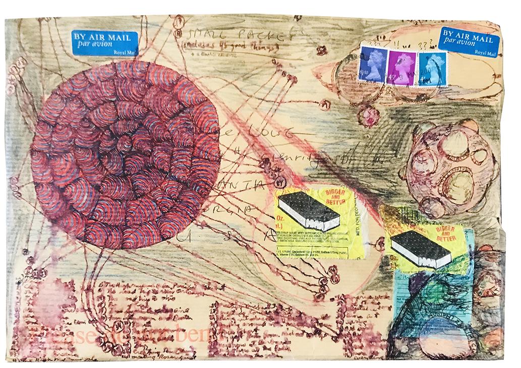 George Lowe: “They Will Come As Ice Cream Sandwiches” 12.5” x 8.75” Drawing in colored pencil, pen and ink and collage on envelope.