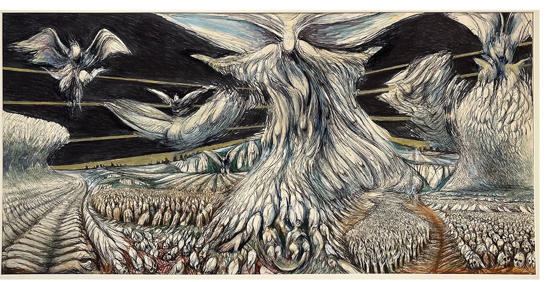 Donald Pass  'Resurrection'  c.1985  watercolor & ink, signed  32 x 60 ins