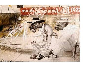Ralph Steadman: 'Welcome to the Superbowl 72' - ink & watercolour, 24 x 33 ins. An exceptional rare early drawing, depicting 'Hunter Thompson' and his attorney.