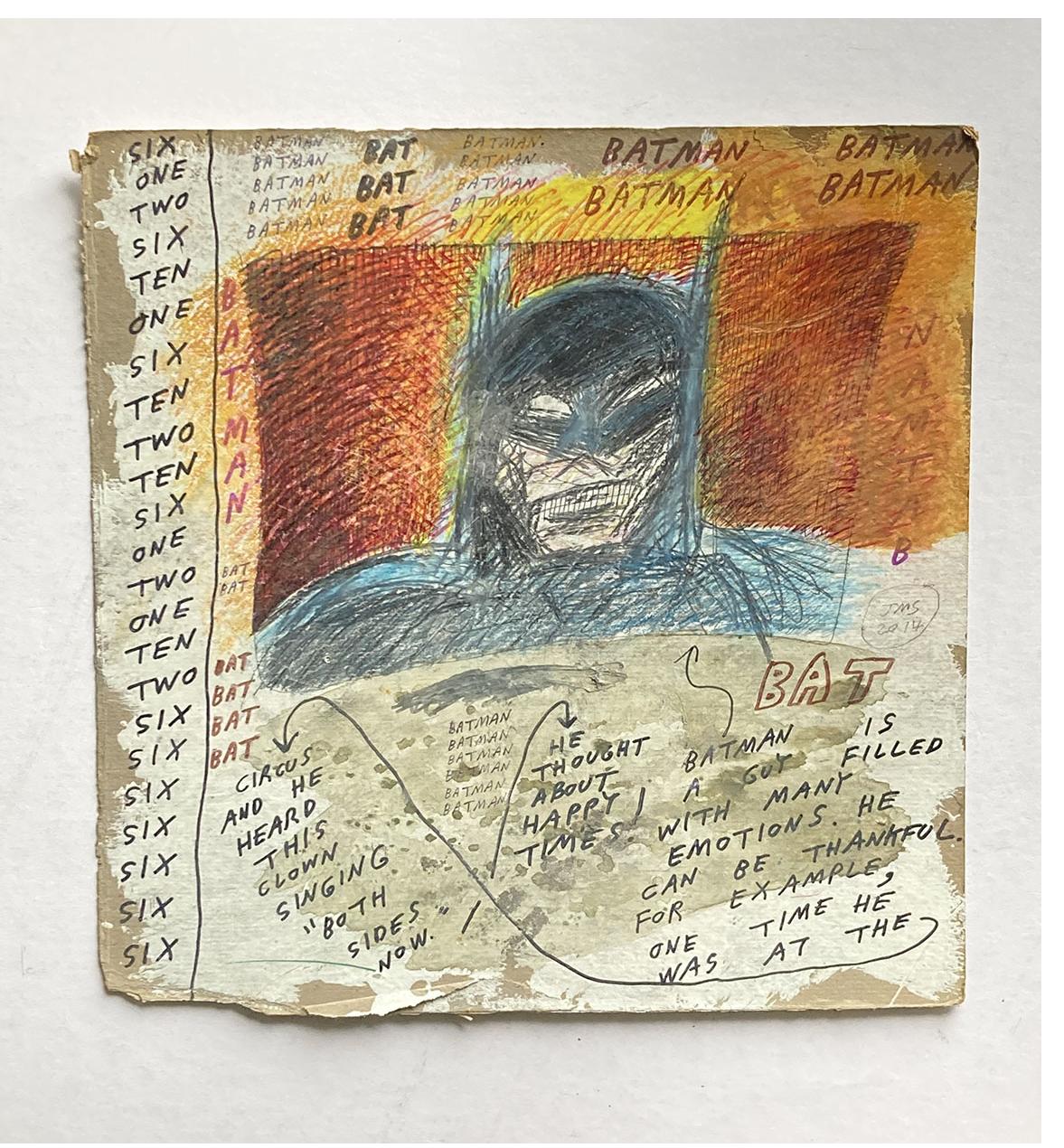 Jon Sarkin - ‘Batman’  mixed media on card 12 x 12 ins